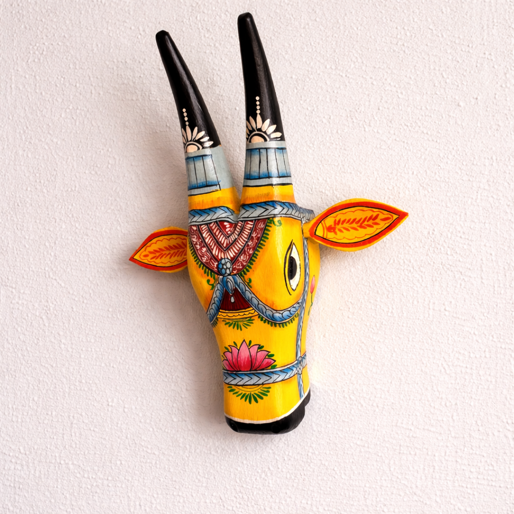 Handpainted Wooden Cow Head - Yellow & Blue