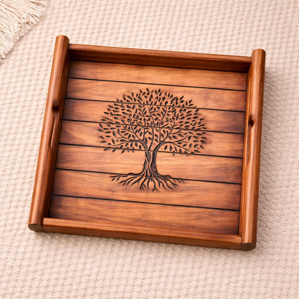 Handcrafted Sheesham Wood Square Serving Tray with Tree Motif