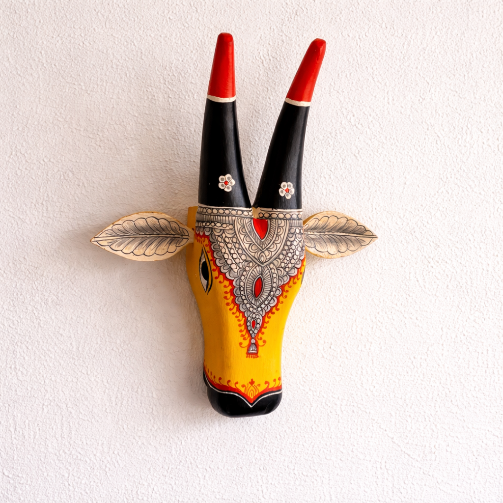 Handpainted Wooden Cow Head - Yellow & White