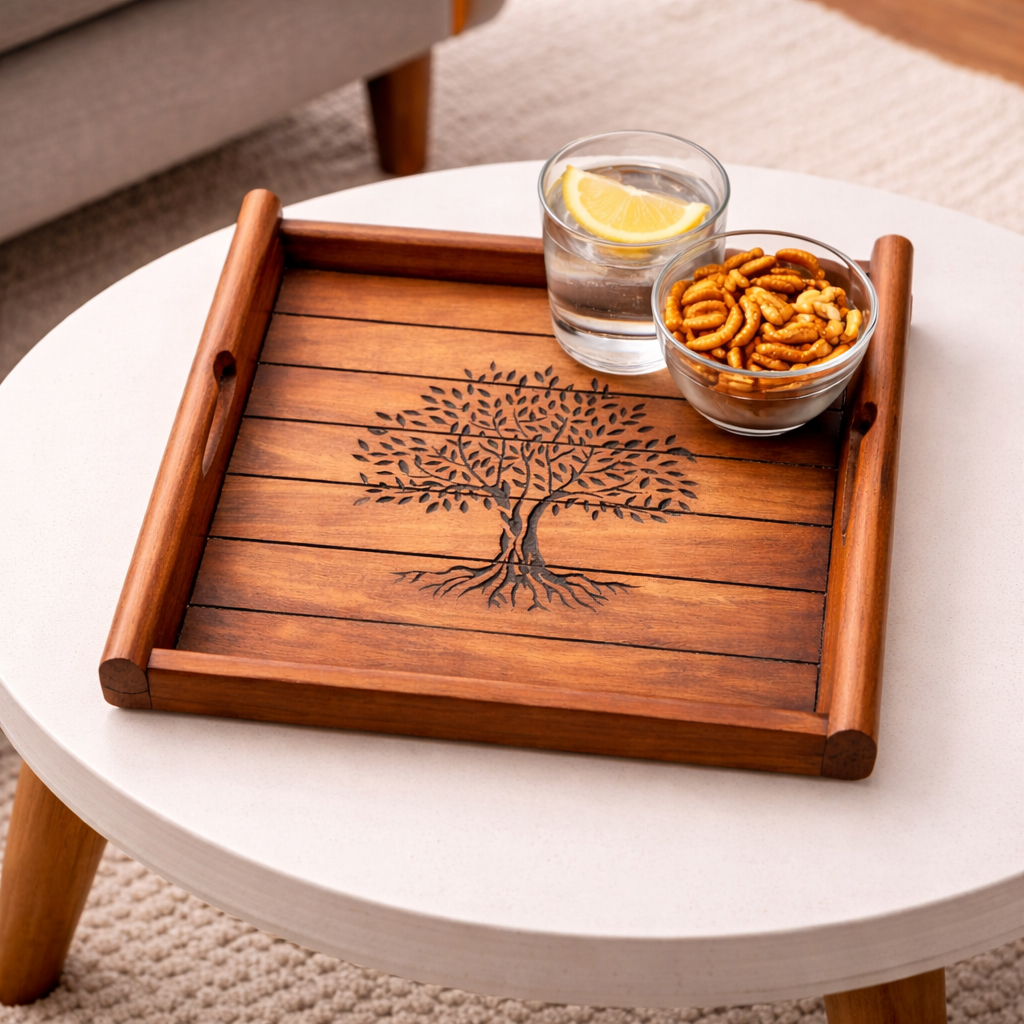 Handmade Wooden Tray with Tree Motif - Square