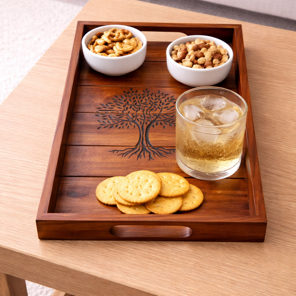 Handmade Wooden Tray with Tree Motif - Rectangular
