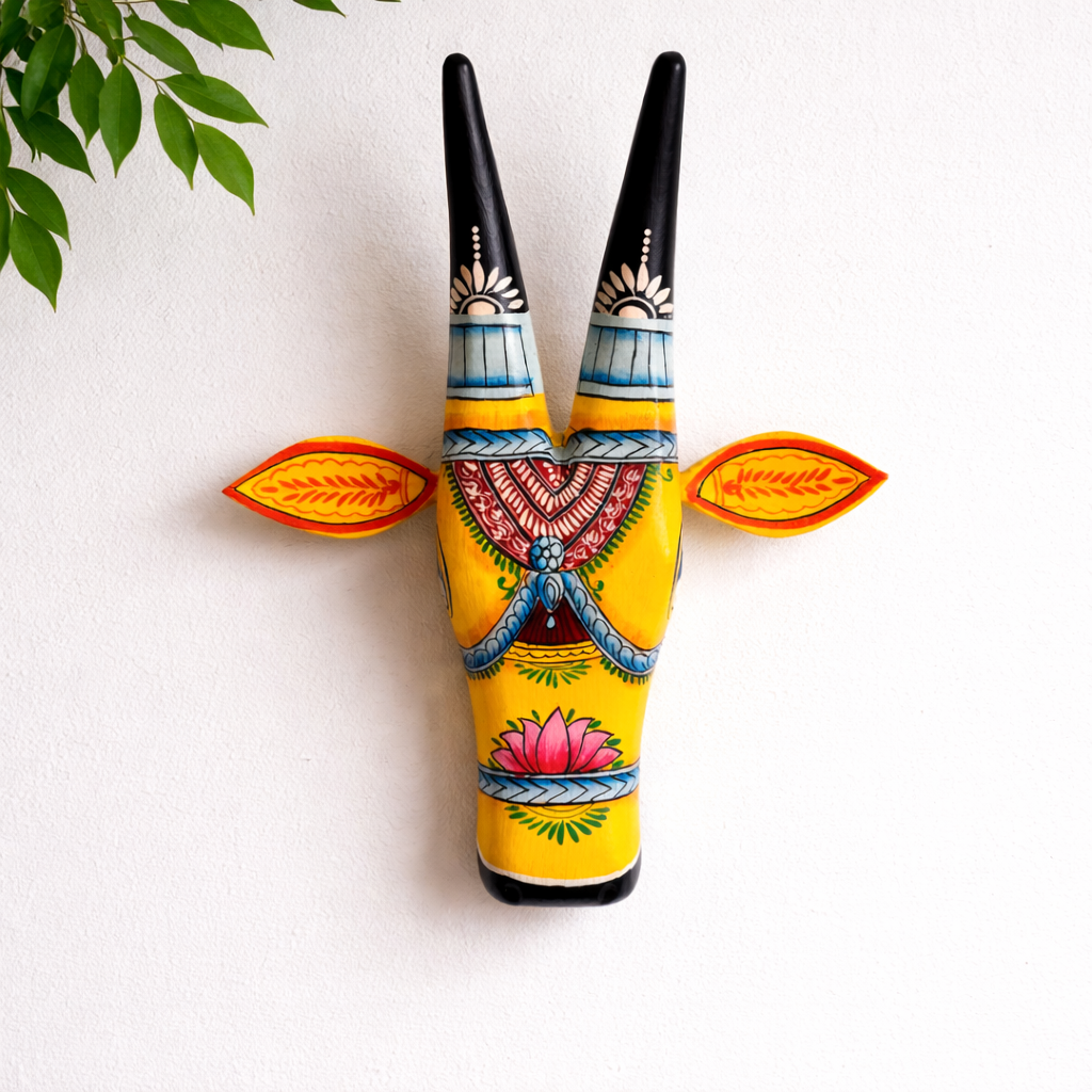 Hand Painted Wooden Cow Head - Yellow & Blue
