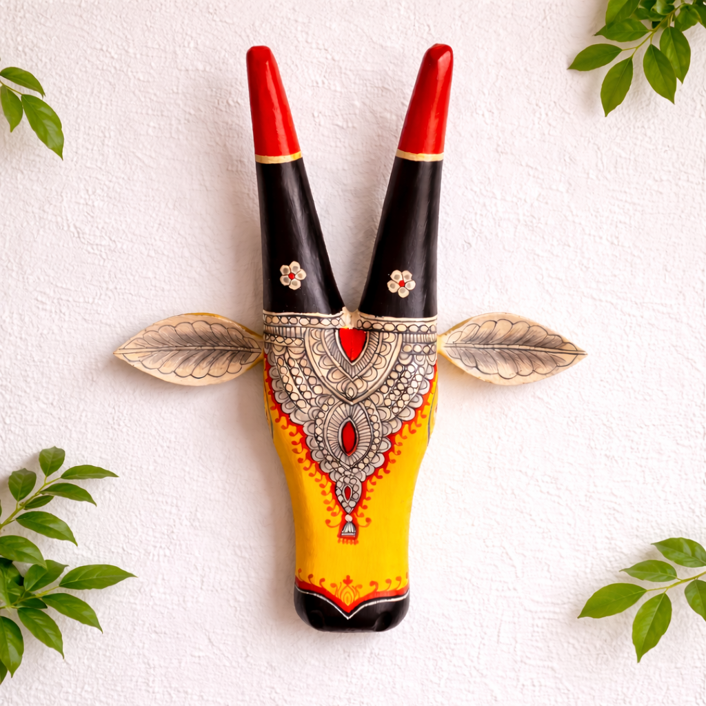 Hand Painted Wooden Cow Head - Yellow & White