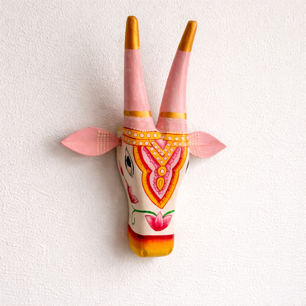 Handpainted Wooden Cow Head - Pink & White