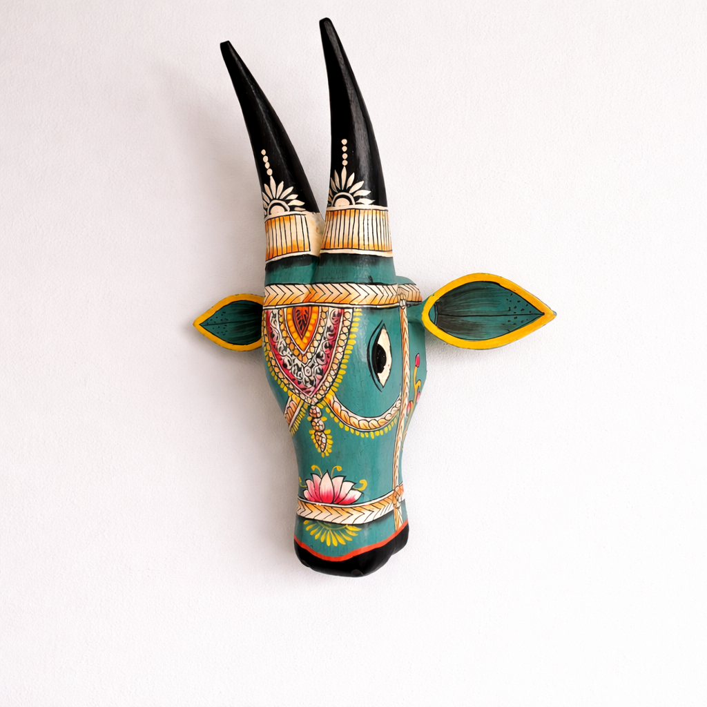 Handpainted Wooden Cow Head - Turquoise & White