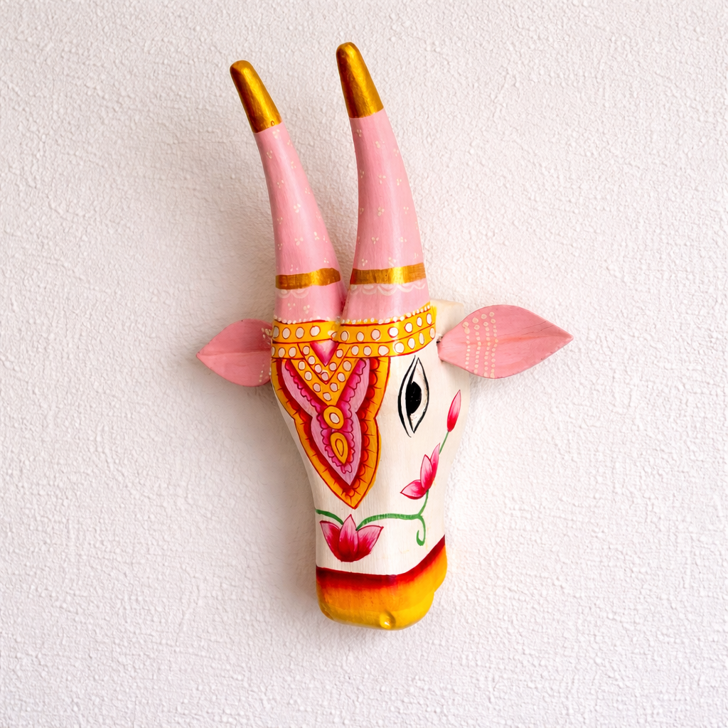 Handpainted Wooden Cow Head - Pink & White