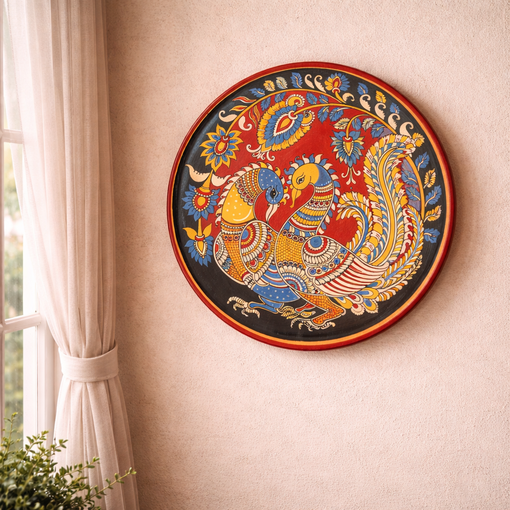 Hand Painted Wooden Round Wall Plate - Kalamkari Art