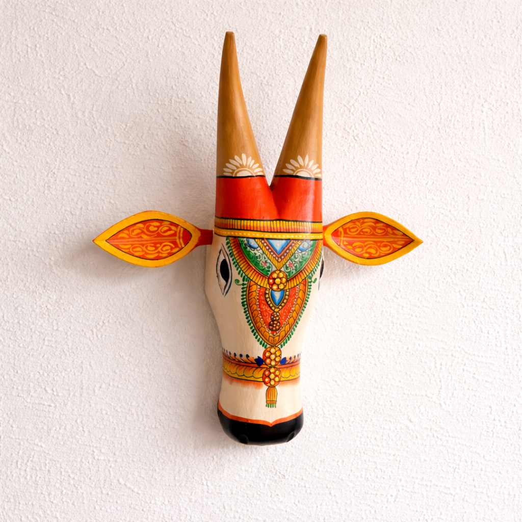 Handpainted Wooden Cow Head - Orange & White
