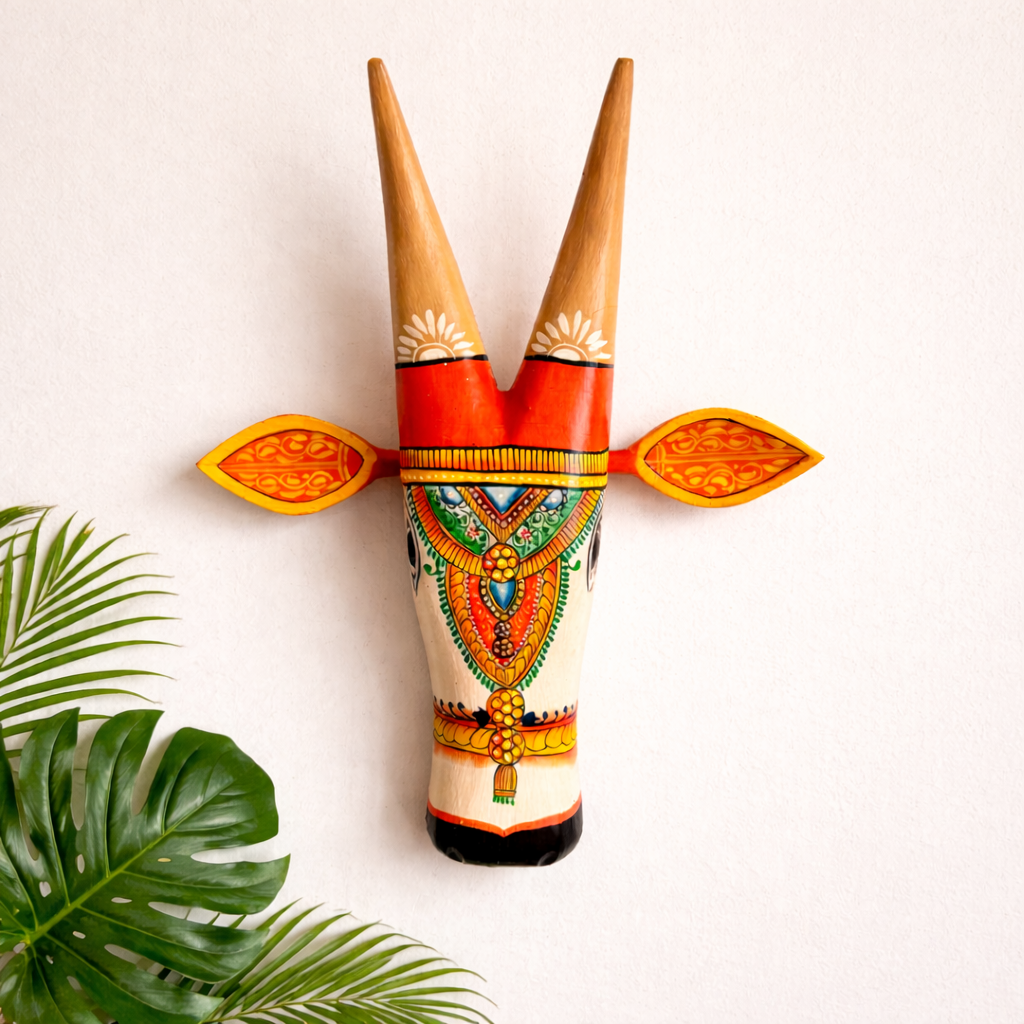 Hand Painted Wooden Cow Head - Orange & White