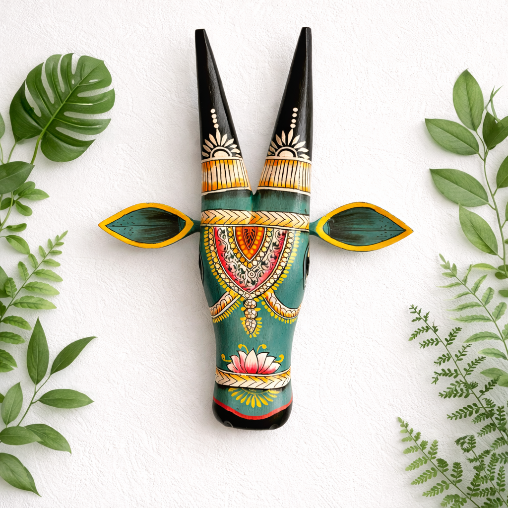 Hand Painted Wooden Cow Head - Turquoise & White