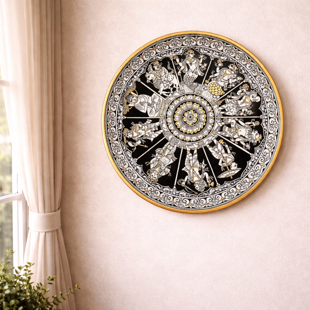 Hand Painted Wooden Round Wall Plate - Pattachitra Dasavatar