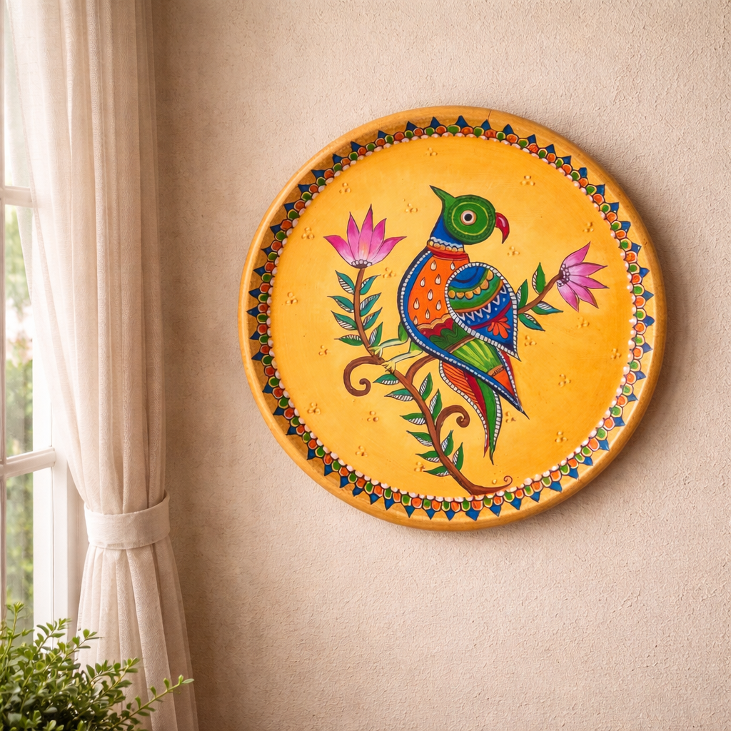 Hand Painted Wooden Round Wall Plate - Madhubani Art