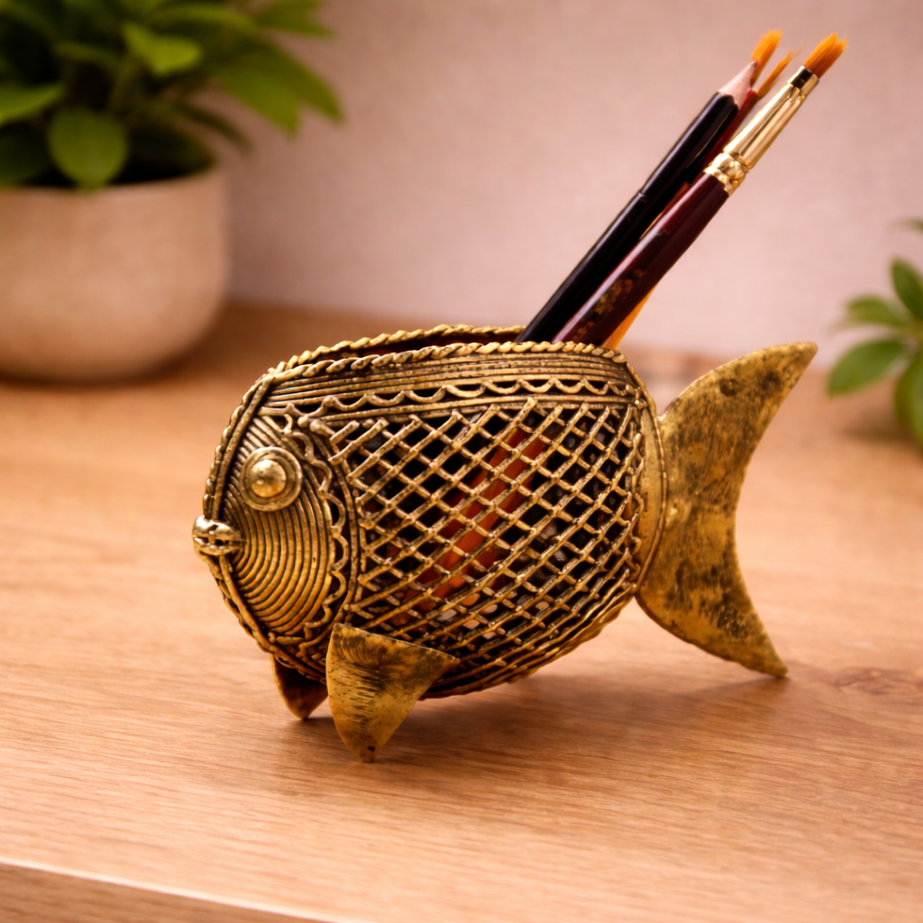 Handcrafted Dhokra Fish Pen Holder
