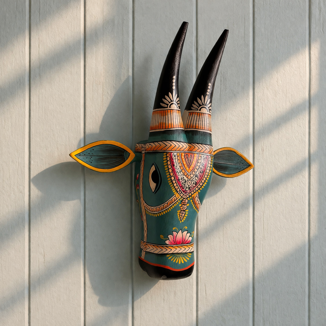 Handpainted Wooden Cow Head - Turquoise & White