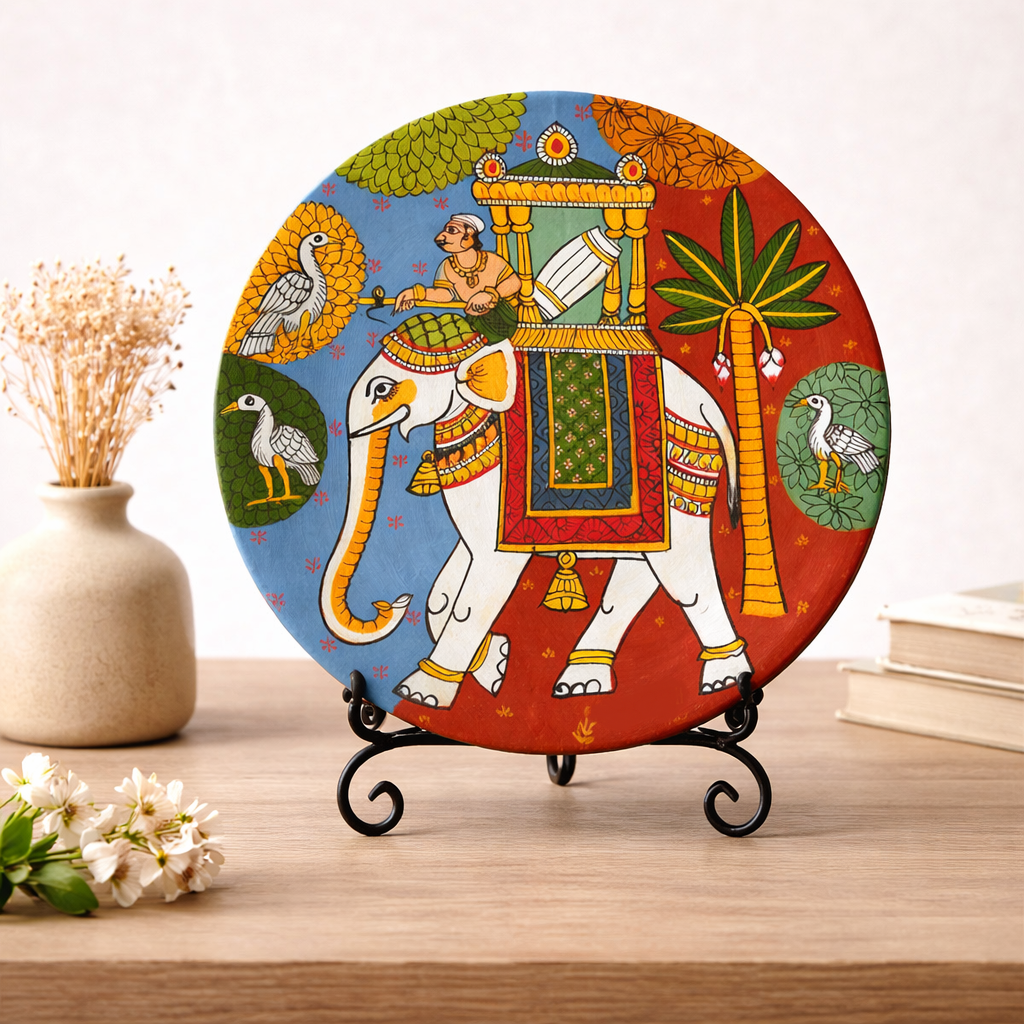 HandPainted Cheriyal Style Round Wall Plate - White Elephant Ride