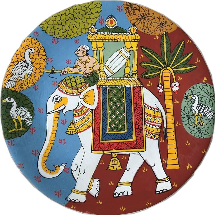 HandPainted Cheriyal Style Round Wall Plate - White Elephant Ride