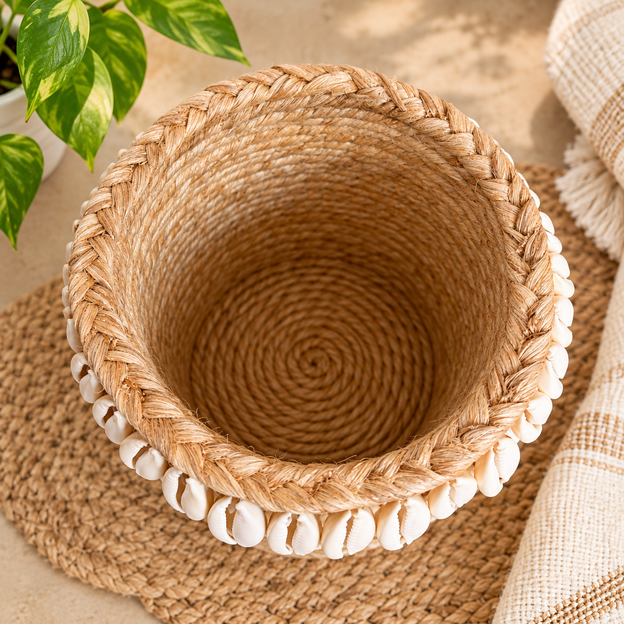 Banana Fibre Storage Basket with Cowrie Shell