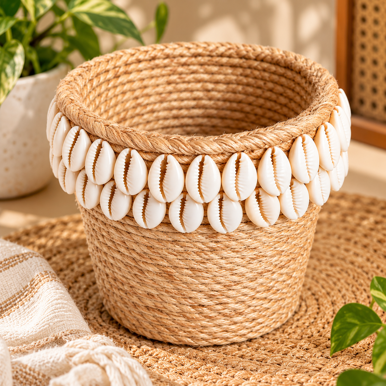 Banana Fibre Storage Basket with Cowrie Shell