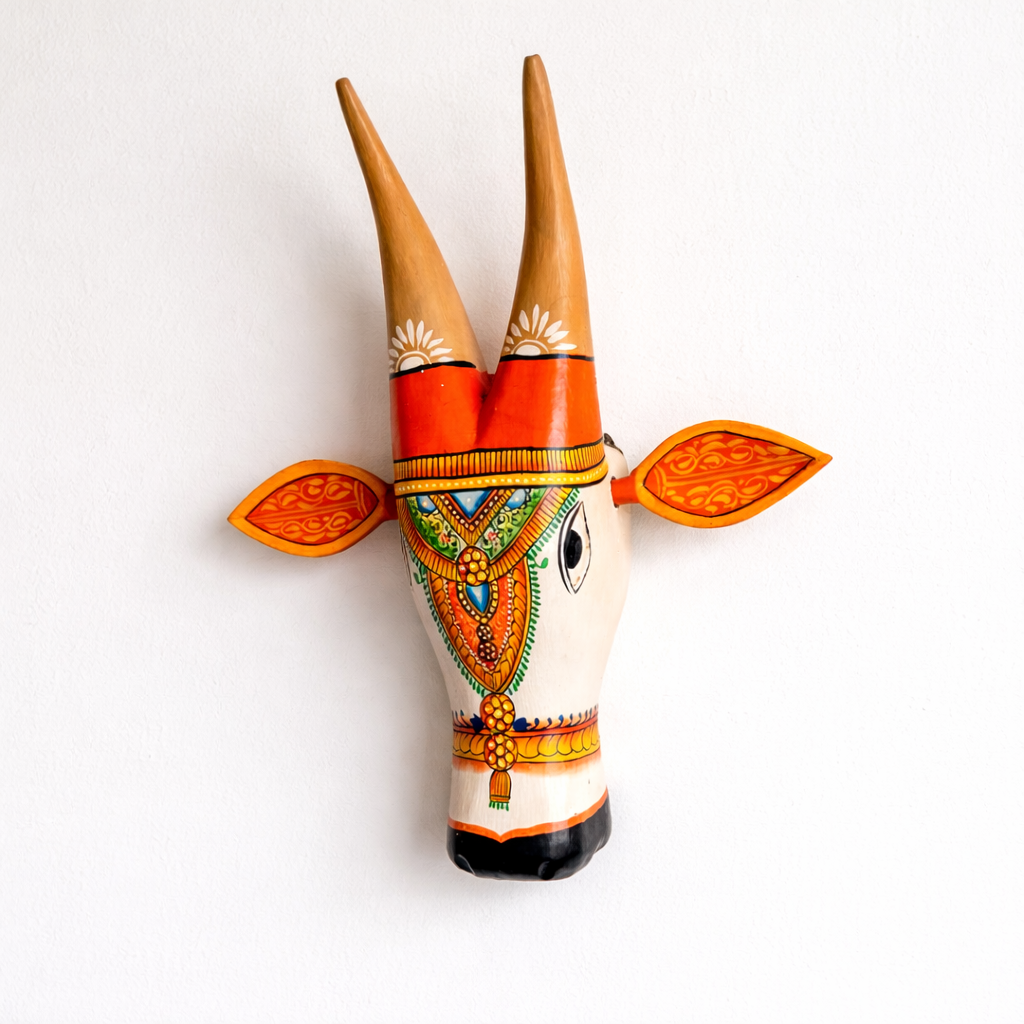 Handpainted Wooden Cow Head - Orange & White