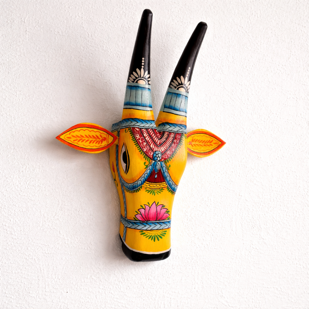 Handpainted Wooden Cow Head - Yellow & Blue