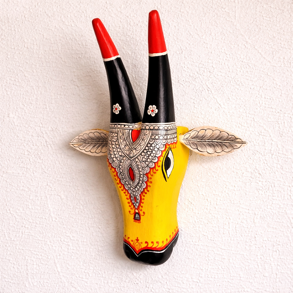 Handpainted Wooden Cow Head - Yellow & White