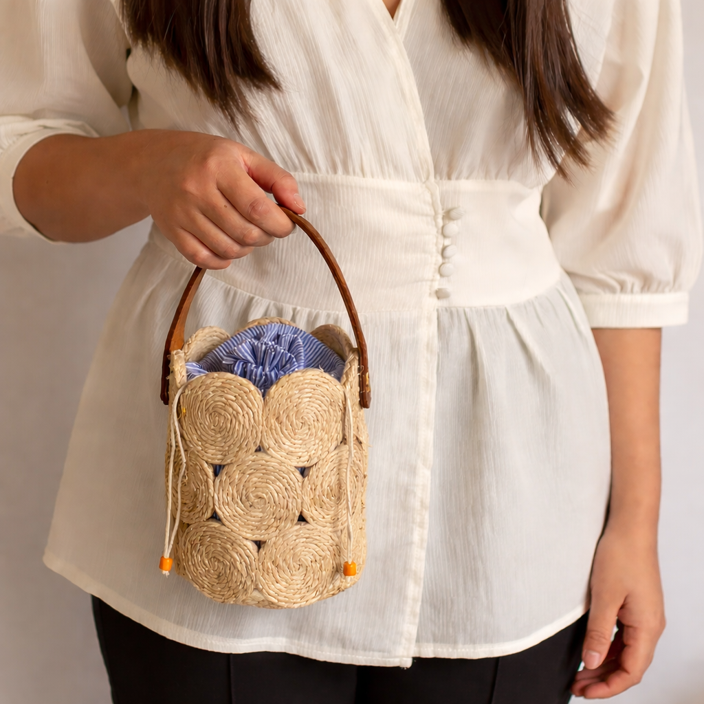 Banana Fibre Bucket Bag With Leather Handle