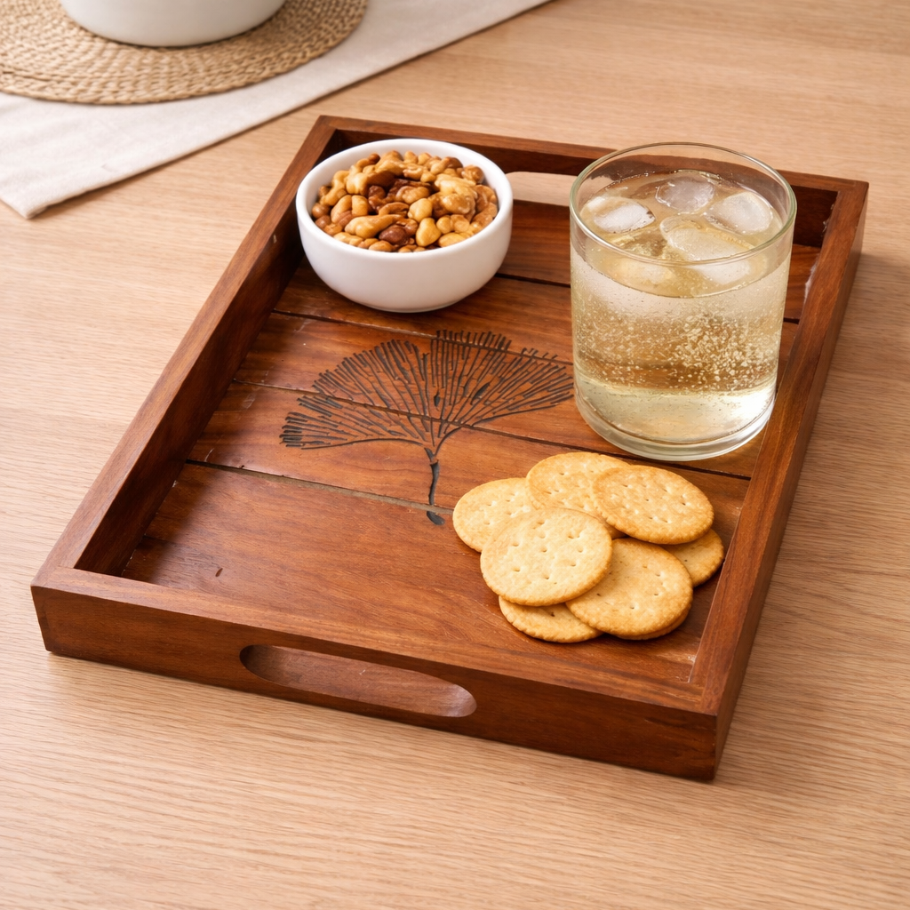 Handmade Wooden Tray with Leaf Motif - Rectangular