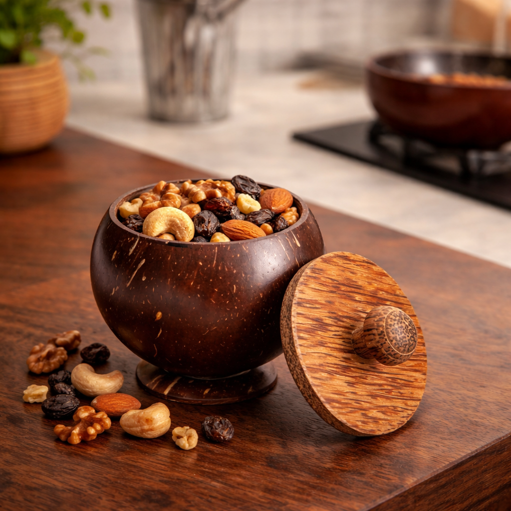 Coconut Shell Storage Container with Wooden Lid