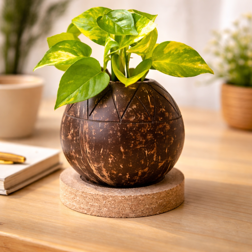 Coconut Shell Zig Zag Planter Pot with Cork Tray