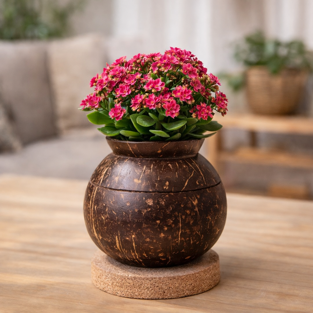 Coconut Shell Pot Planter with Cork Tray