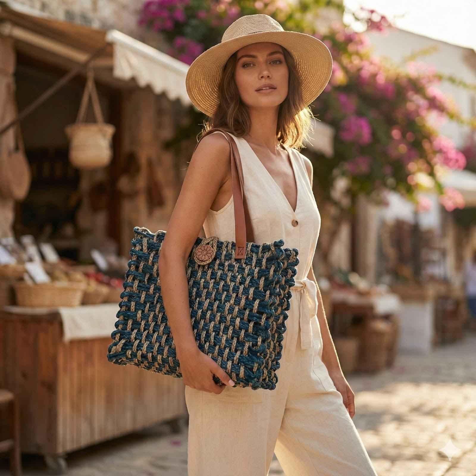 Sabai Grass Mesh Bag With Leather Handle