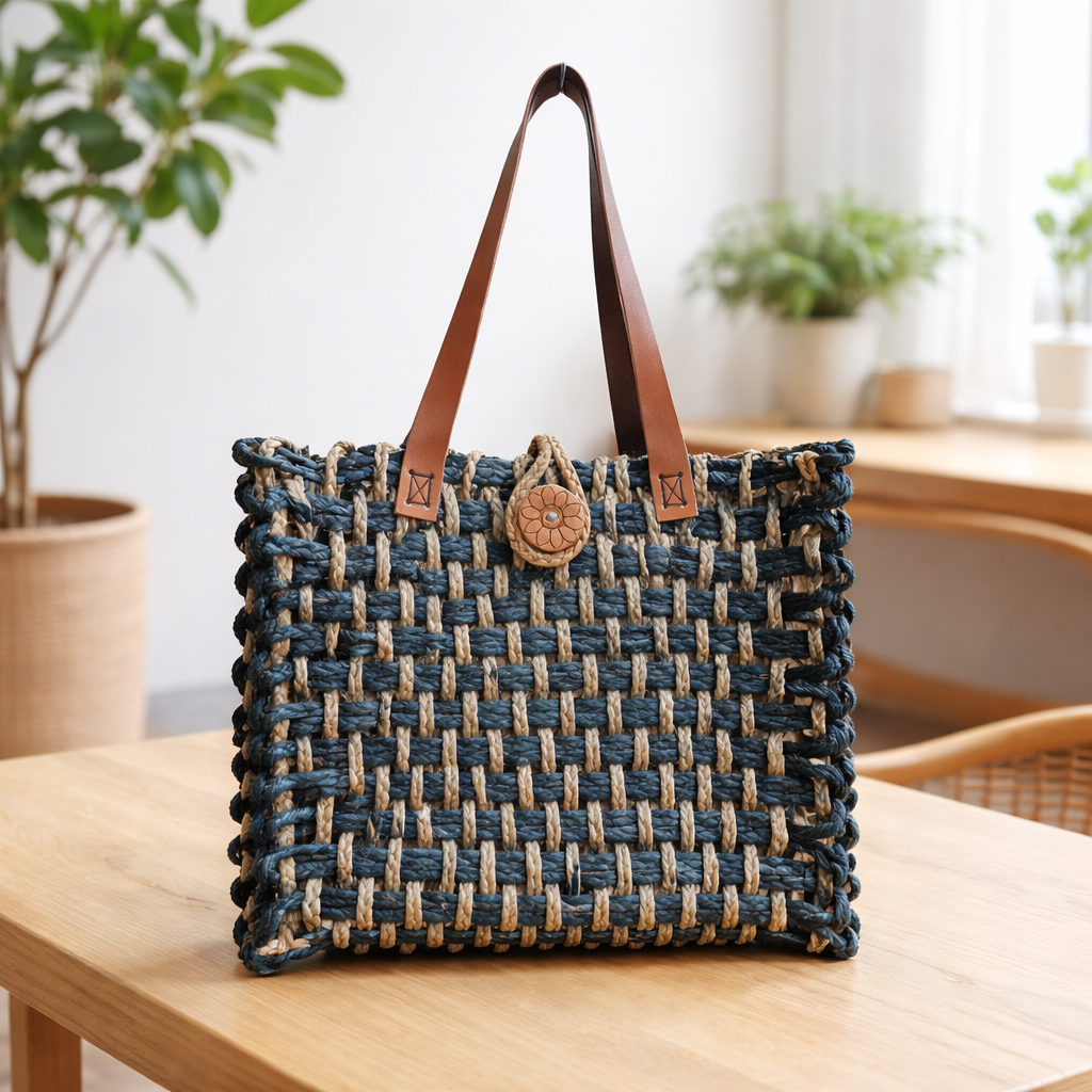 Sabai Grass Mesh Bag With Leather Handle Stripe2