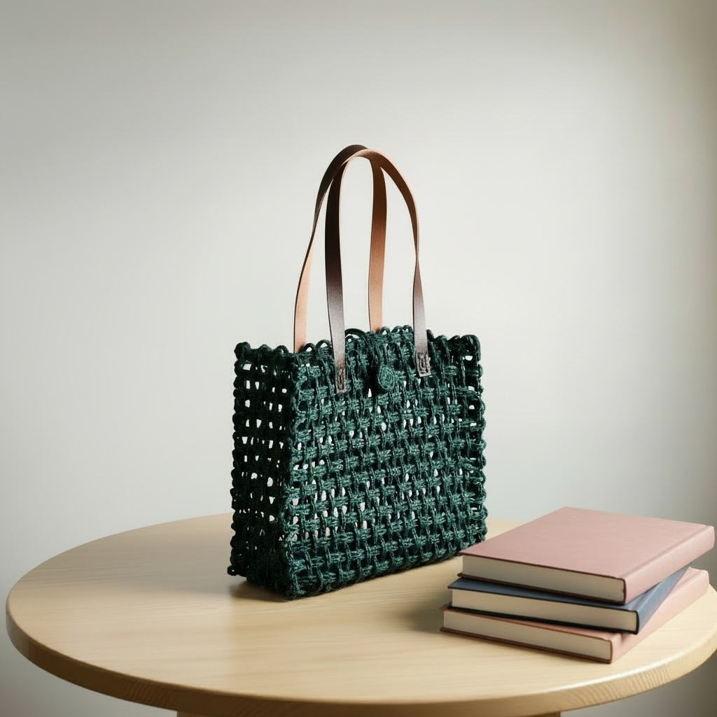 Sabai Grass Mesh Bag With Leather Handle Plantation