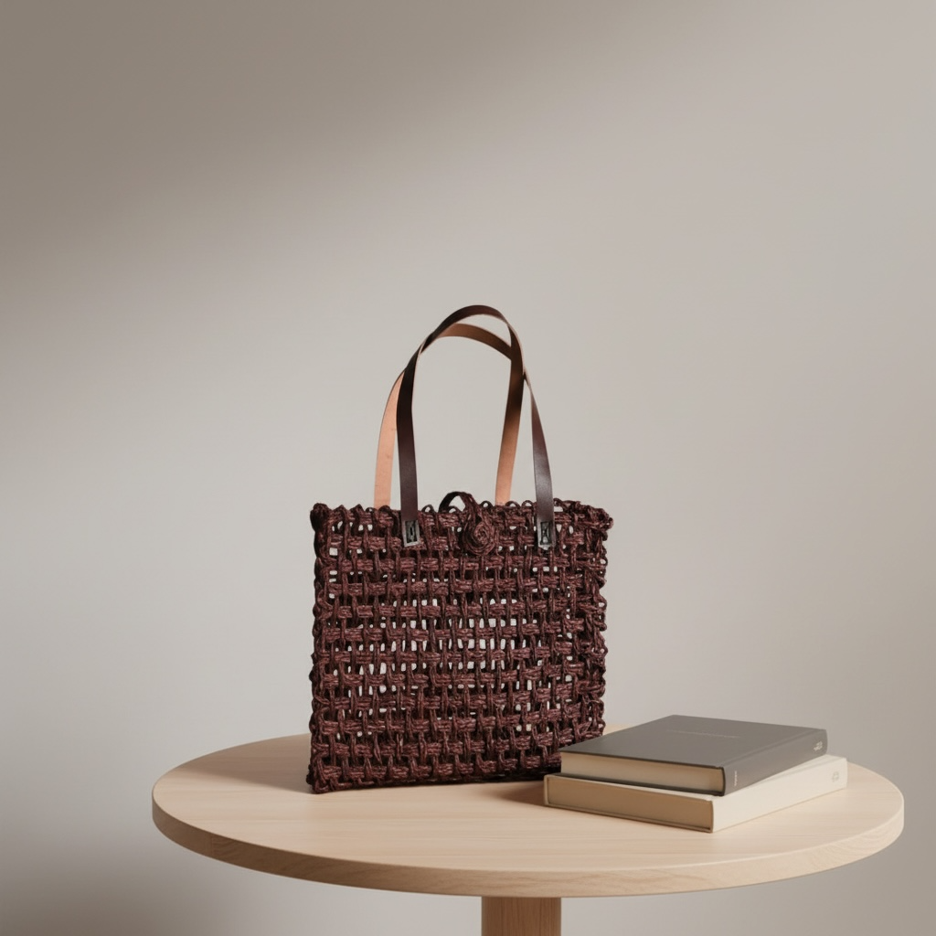 Sabai Grass Mesh Bag With Leather Handle Deep Espresso
