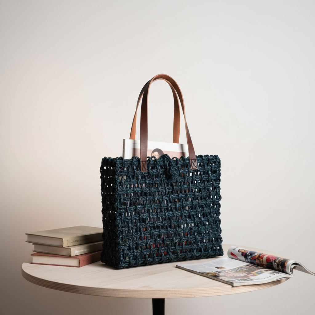 Sabai Grass Mesh Bag With Leather Handle Slate Gray