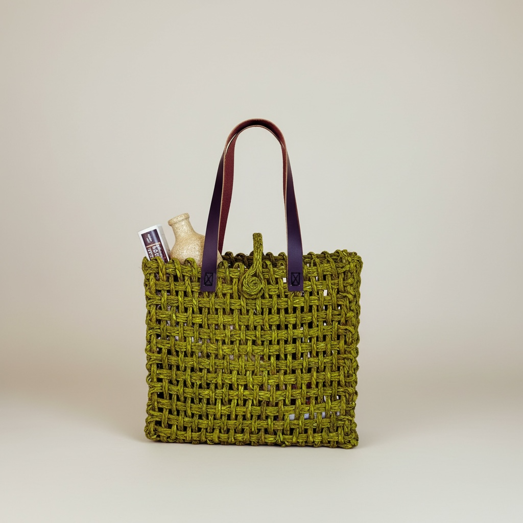 Sabai Grass Mesh Bag With Leather Handle Olive