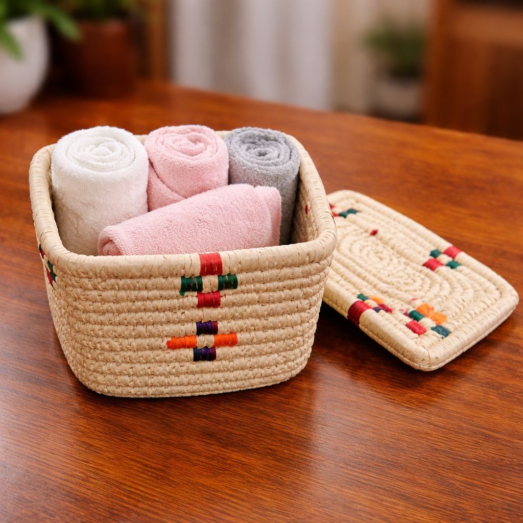Handwoven Square Storage Basket with Lid