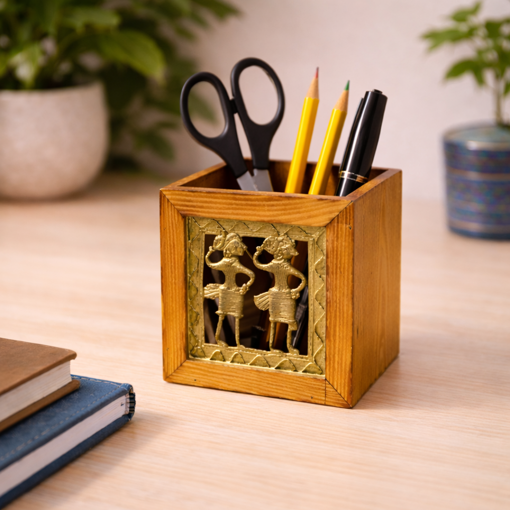 Handcrafted Wooden Pen Holder with Dhokra Art