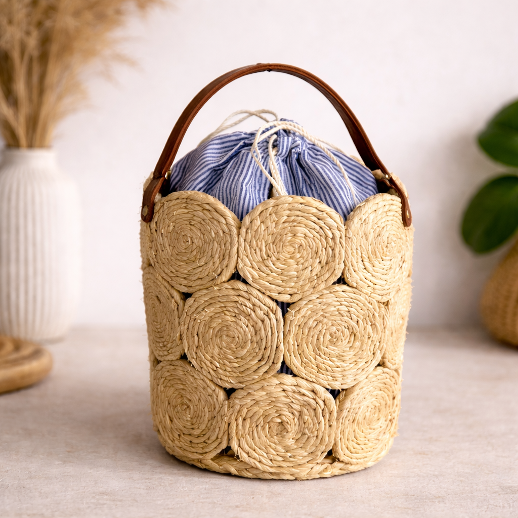 Banana Fibre Bucket Bag With Leather Handle