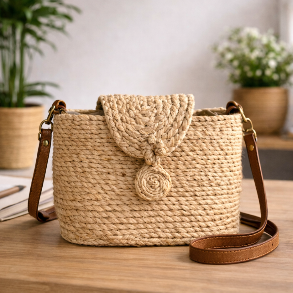 Banana Fibre Sling Bag With Adjustable Leather Strap