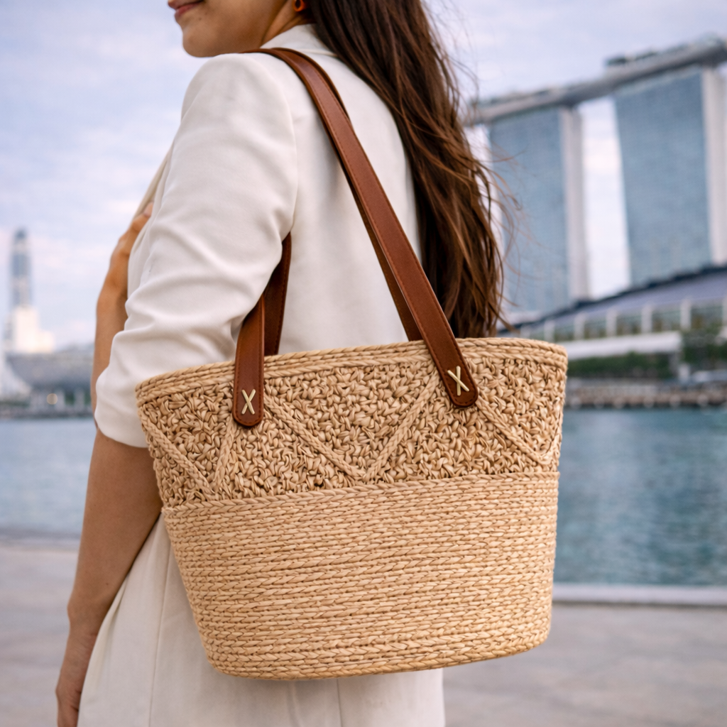 Banana Fibre Shoulder Bag With Leather Handle