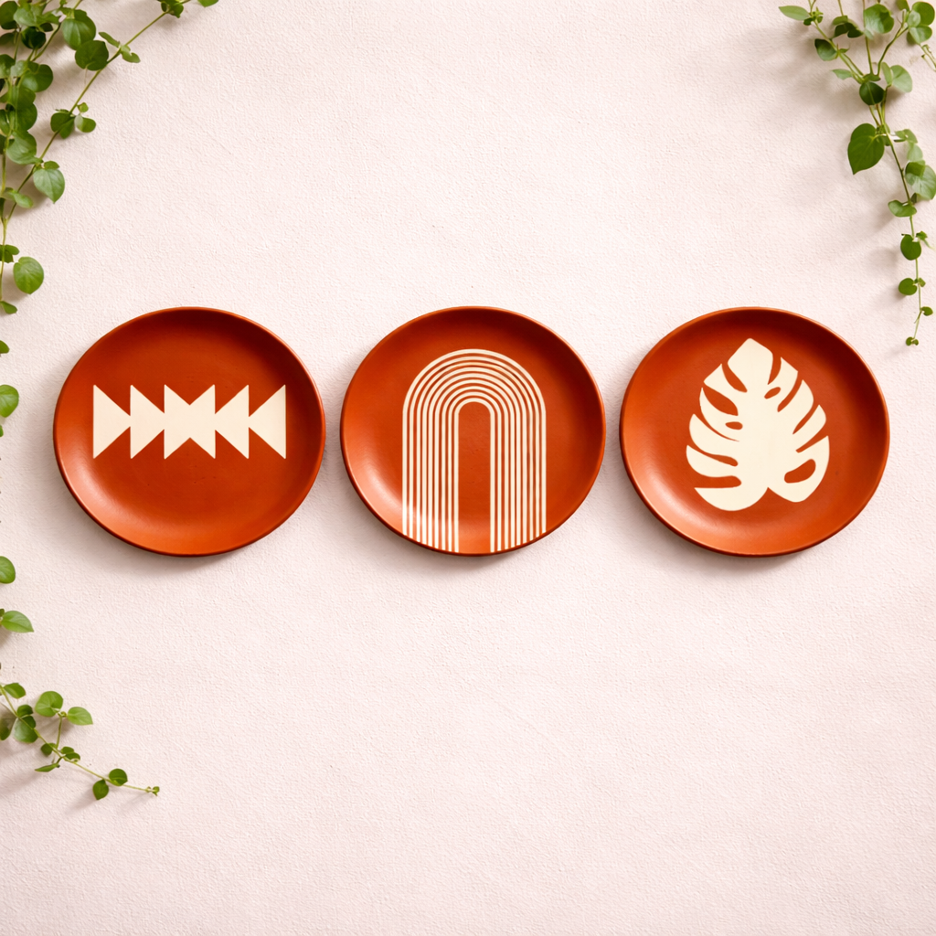 Minimalist Terracotta Wall Plates – Set of 3 - Boho Pattern