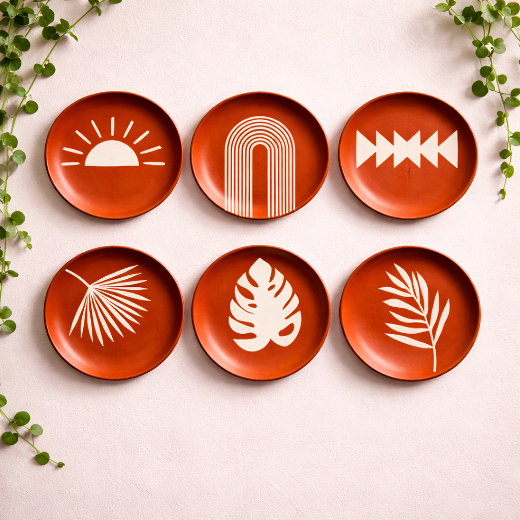 Minimalist Terracotta Wall Plates – Set of 6 - Boho Pattern