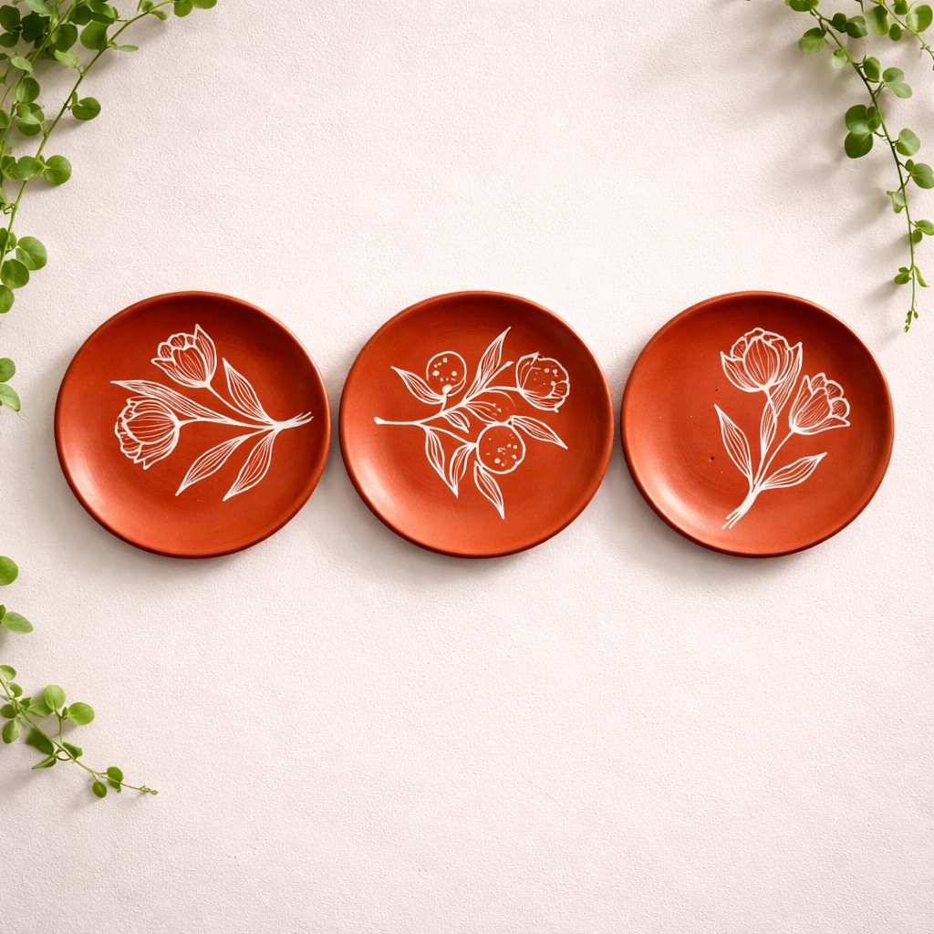 Minimalist Terracotta Wall Plates – Set of 3 - Botanical Pattern