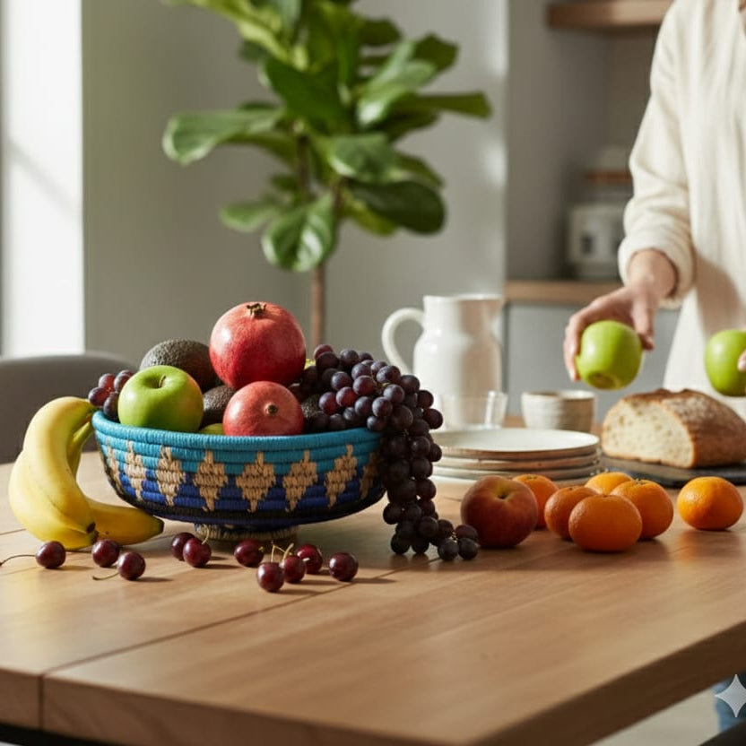 Fruit bowl on a wooden table with various fruits and a person in a kitchen setting.