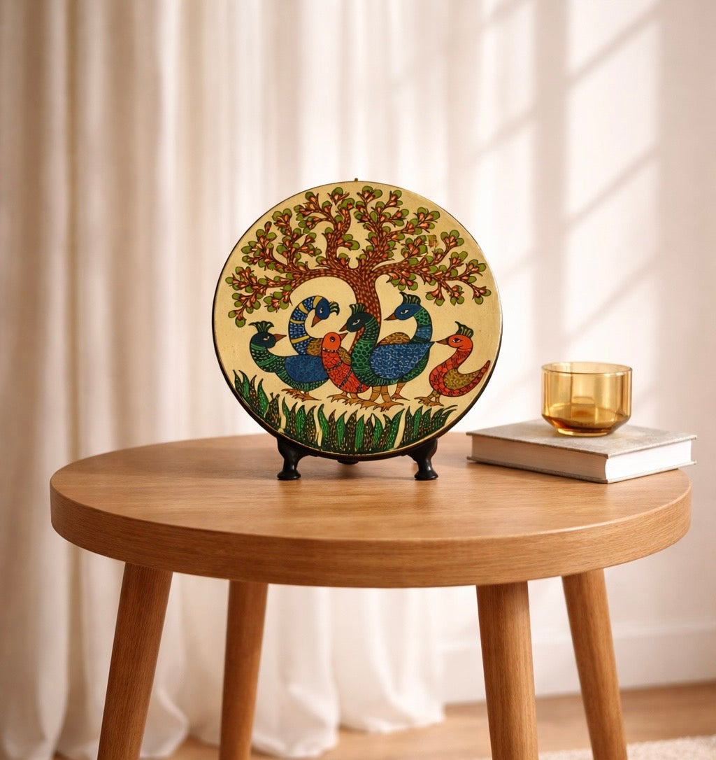 Hand Painted Wooden Round Wall Plate - Gond Art