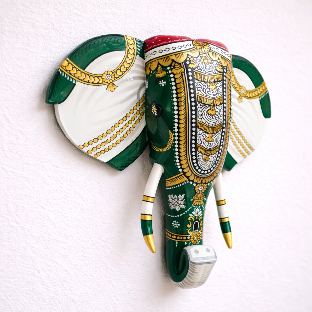 Hand painted Elephant Head Wall Decor - Green