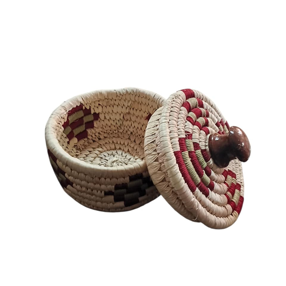 Woven basket with a lid on a white background