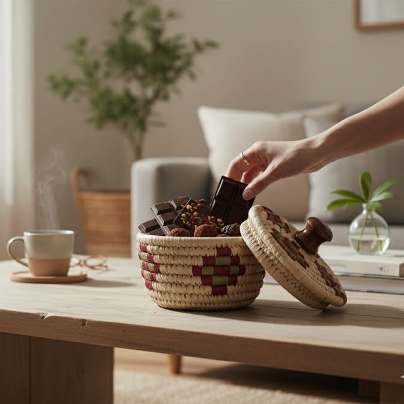 Person reaching for a bowl of snacks on a wooden table in a cozy living room.