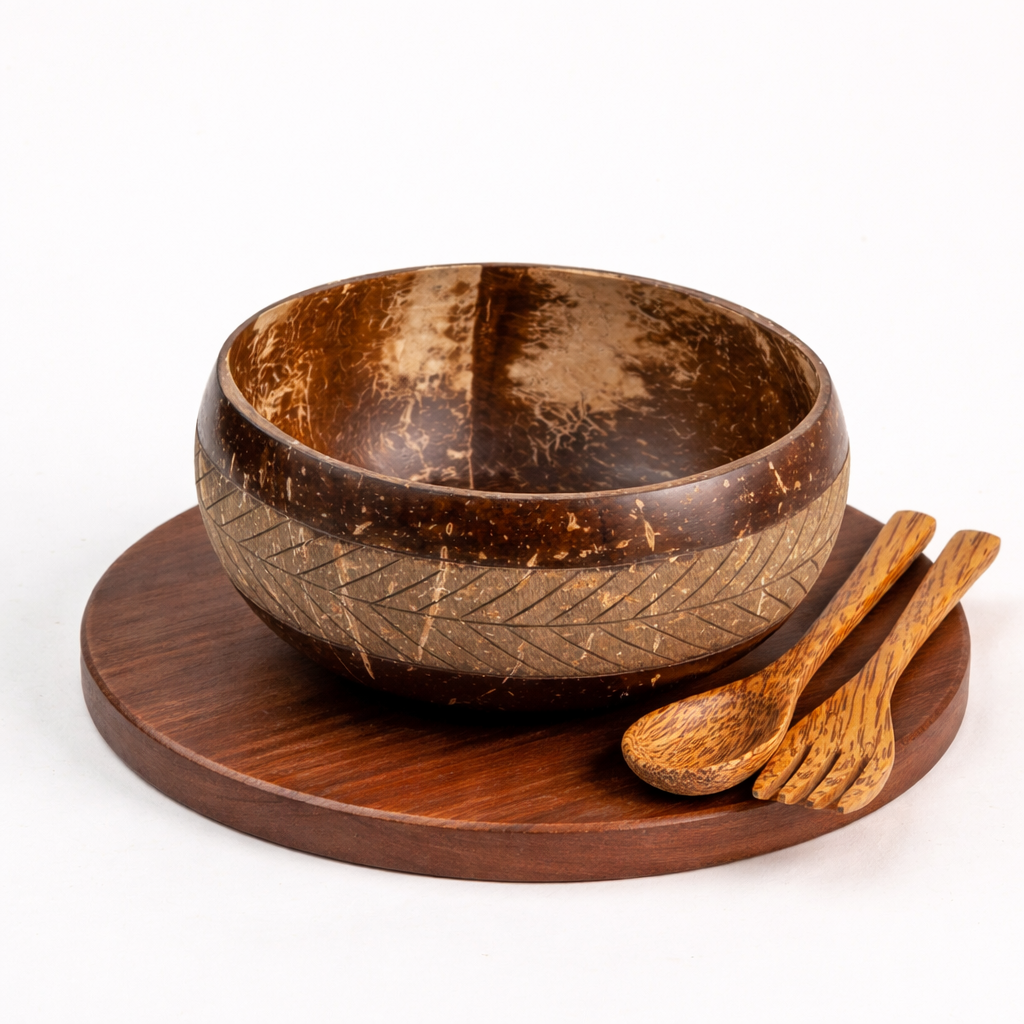 Coconut Shell Jumbo Geometric Bowl with Cutlery